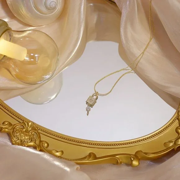 NEW 14K Gold Plated Diamond Lock Key Necklace - Picture 10 of 14